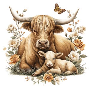 15 Clipart de vaca e bezerro das Terras Altas, aquarela, vaca e bezerro, fazenda, bezerro das Terras Altas, impressão em JPEG de alta qualidade, diário de lixo, papel, artesanato, scrapbook