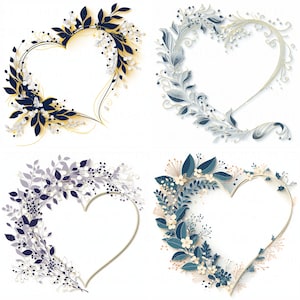 Pacote de 17 clipart de moldura de coração floral, aparência de corte de papel, impressão em JPEG de alta qualidade para artesanato em papel, diário, cartão de aniversário de casamento, decoração de berçário