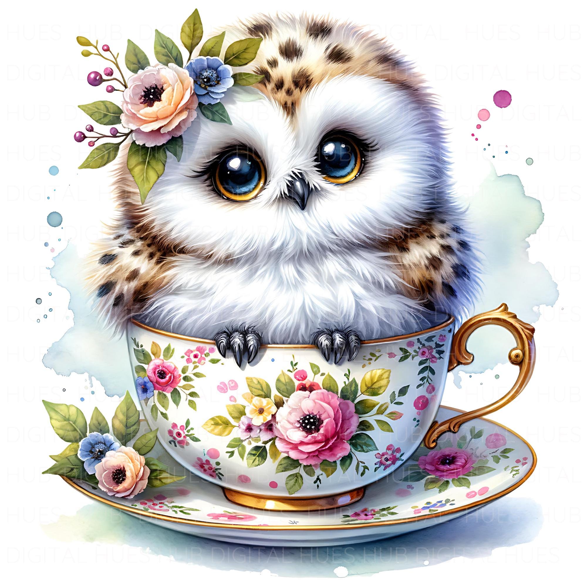 10 Cute Baby Owl In Teacup Clipart Watercolor Nursery Owl Winter Clipart High Quality JPEG Printable
