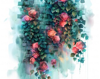 10 Neon Rose Brick Wall Clipart Aquarela Jardim Clipart Floral Parede Imprimível Alta Qualidade JPEG Junk Journal Scrapbook Papel Artesanato DIYs