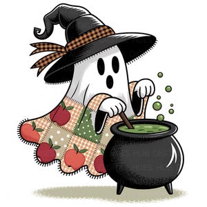 Op de afbeelding: Een cartoongeest met een zwarte heksenhoed met een geruite band en een patchwork mantel met appels. De geest roert een borrelend groen drankje in een zwarte ketel met een houten lepel.