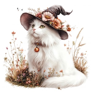 15 Halloween Katze Clipart Aquarell weiße Katze mit Hexenhut Clipart High Quality JPEG Printable für Scrapbook Junk Journal Papier Handwerk DIY