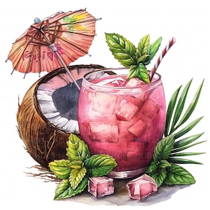 11 Clipart di cocktail tropicali Acquerello Cocktail estivo Cocktail rosa fruttato Stampabile Alta qualità JPEG Carta per diario spazzatura Artigianato Scrapbook
