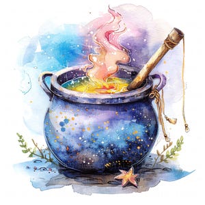 Puede incluir: Ilustración en acuarela de un caldero azul oscuro con motas doradas, que contiene líquido amarillo y vapor rosa y naranja ascendente. Un palo de madera está en el caldero. Una estrella y vegetación están en primer plano.
