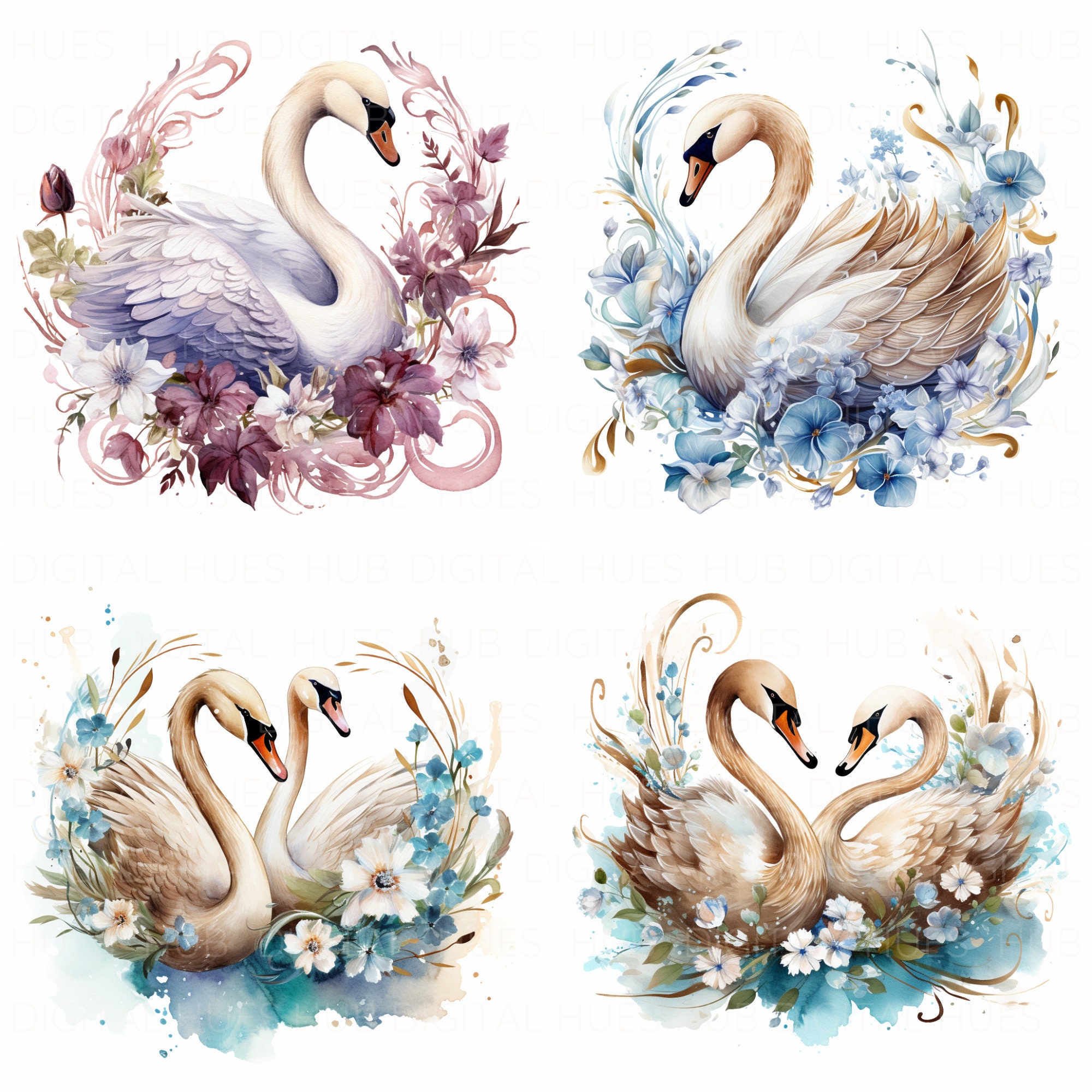 11 Floral Swan Clipart Watercolor Clipart Printable High Quality JPEG ...