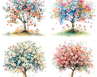 12 Colorful Flower Tree Clipart Bundle Watercolor Floral Tree Clipart High Quality JPEG Printable For Scrapbook Junk Journal Paper Craft DIY