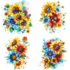 Pacote com 10 clipart de girassol colorido, aquarela, girassóis brilhantes, impressão em JPEG de alta qualidade, papel de jornal, artesanato, scrapbook, cartão, convite