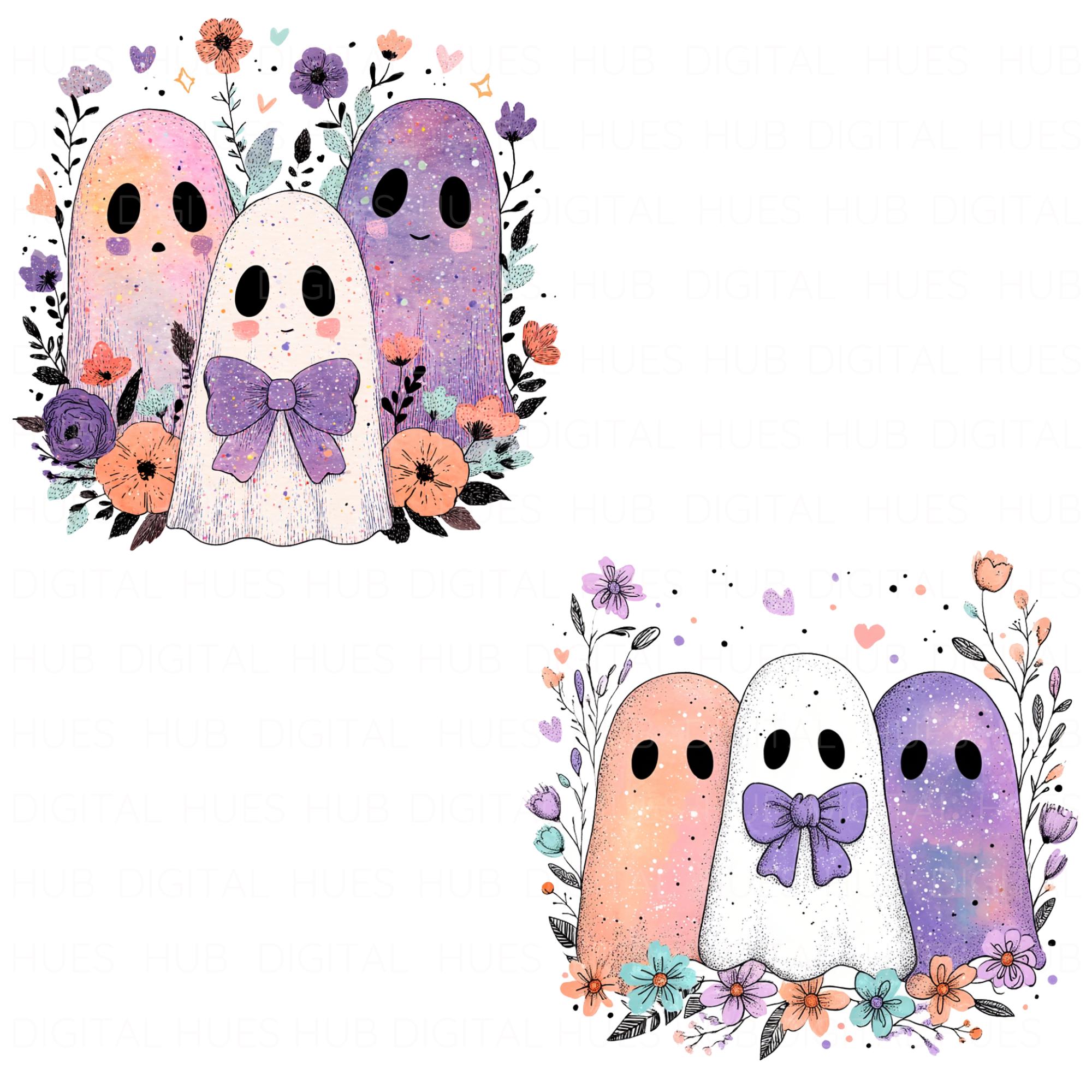 10 Cute Girly Ghosts With Bows Halloween Clipart Pastel Kawaii Ghosts ...