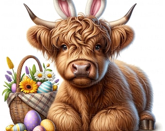 10 Cute Easter Highland Cow Clipart: Watercolor Floral Spring Cow JPEG, Farm Animals Digital Download For Junk Journal, Card, Nursery Decor