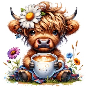 12 Highland Cow Coffee Clipart Watercolor Coffee Addict Moody Highland Cow Printable High Quality JPEG Junk Journal Paper Craft Scrapbook