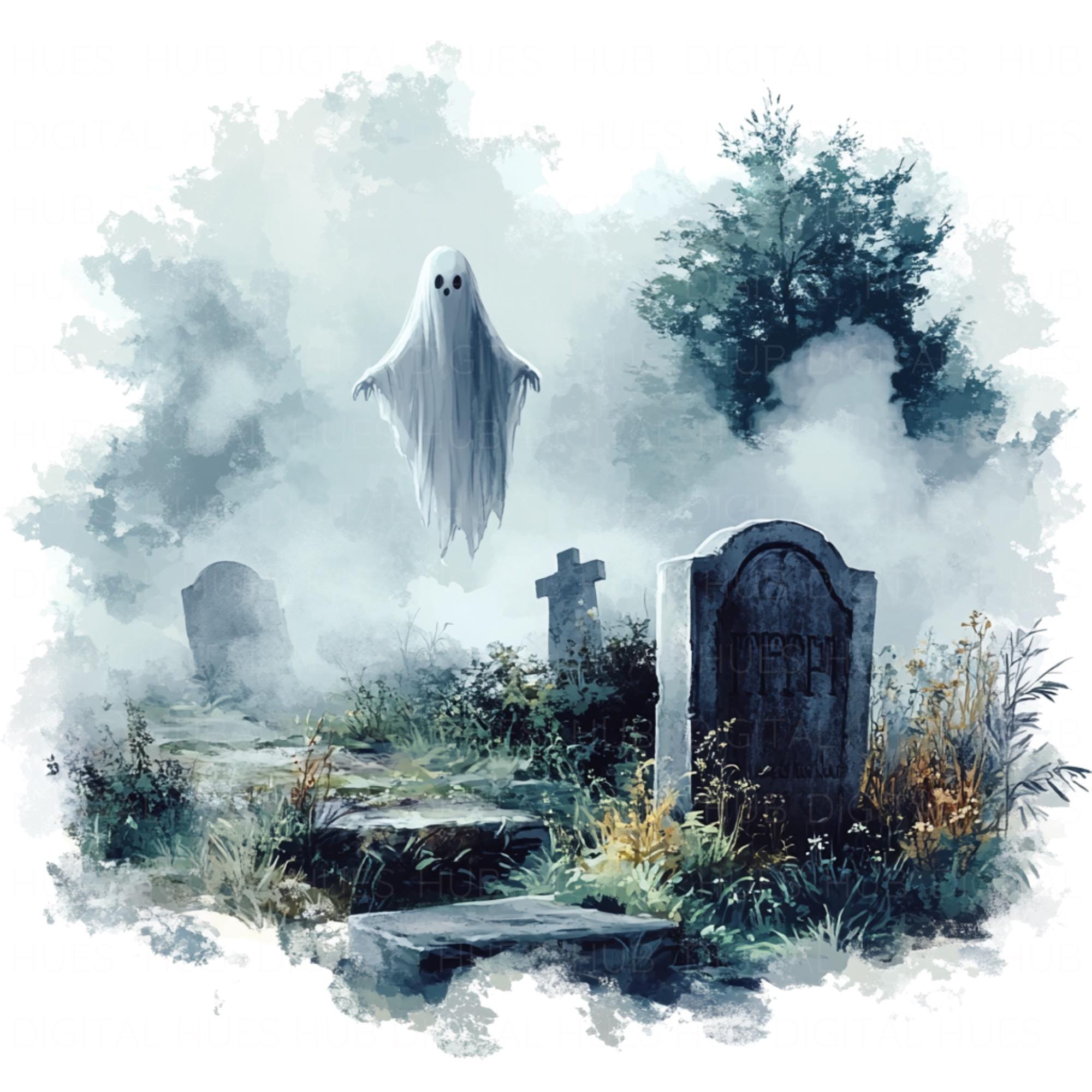 9 Evil Spirit in Graveyard Clipart Watercolor Floating Ghost Art High ...