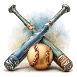 May include: Two wooden baseball bats with orange and blue stripes are crossed over each other with a baseball in the center. The baseball is brown and white with red stitching.