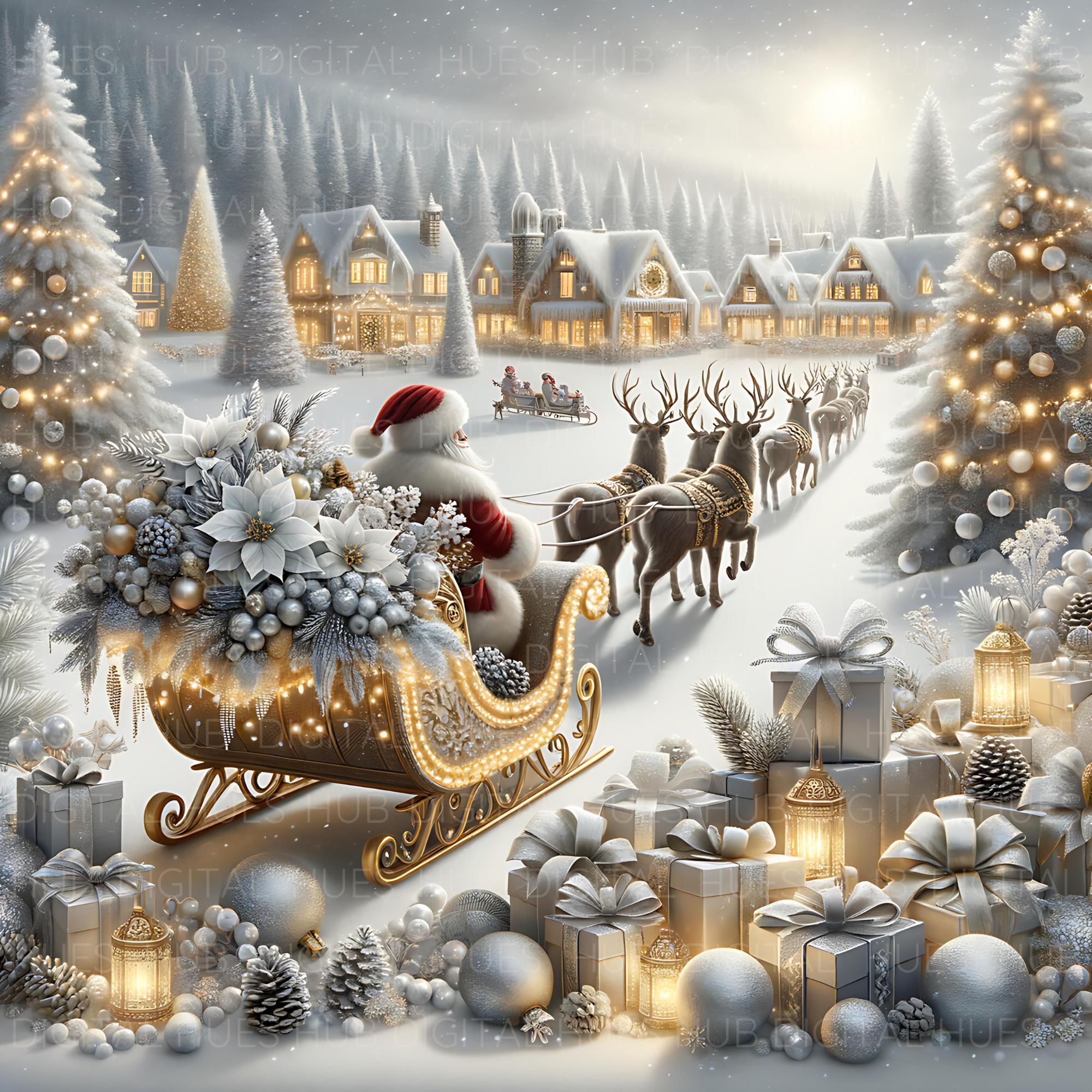 水彩画「クリスマス人形」 11 サンタのそりとトナカイのクリップアート：水彩画の雪の休日の村