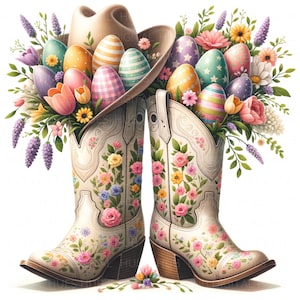 Peut inclure: Illustration numérique de bottes de cowboy blanches ornées de motifs floraux. Un chapeau de cowboy est placé entre les bottes, rempli d'œufs de Pâques colorés et de fleurs. Les œufs sont décorés de rayures, d'étoiles et d'autres motifs.
