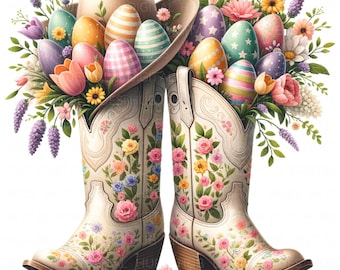10 Cowgirl Easter Boots Clipart: Watercolor Spring Floral Boots JPEG, Cottagecore Easter Patchwork Digital Download For Junk Journal & Cards