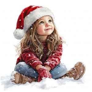 15 Little Girl Christmas Clipart Watercolor Girl with Santa Cap Printable High Quality JPEG For Junk Journals Paper Crafts Scrapbooks Cards