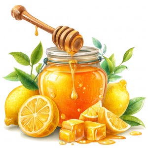 May include: Watercolor illustration of a glass jar filled with golden honey, a wooden honey dipper, and fresh lemons. Honey drips from the dipper. Green leaves and honey cubes surround the jar and lemons.
