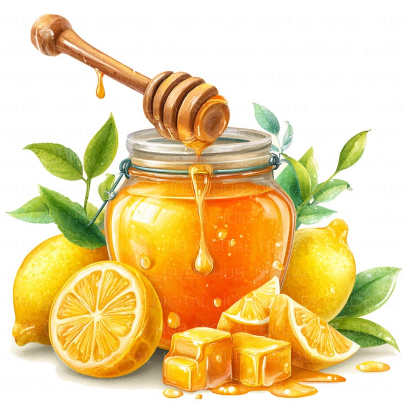 May include: Watercolor illustration of a glass jar filled with golden honey, a wooden honey dipper, and fresh lemons. Honey drips from the dipper. Green leaves and honey cubes surround the jar and lemons.
