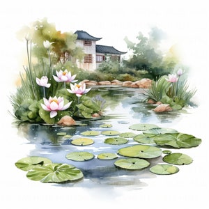 10 bundle di clipart di laghetti da giardino con acquerello, clipart di laghetti di loto, JPEG di alta qualità stampabile per scrapbook, diario, carta, artigianato fai da te