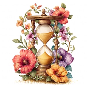 Op de afbeelding: Een vintage zandloper met gouden zand, omringd door kleurrijke bloemen, waaronder roze, paarse, oranje en rode hibiscus. De zandloper staat op een witte achtergrond.