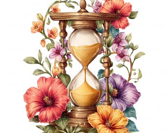 May include: A vintage hourglass with golden sand surrounded by colorful flowers, including pink, purple, orange, and red hibiscus. The hourglass is set against a white background.