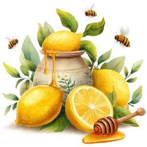 May include: Watercolor illustration featuring lemons, honey, and bees. A ceramic pot overflows with honey, with a wooden honey dipper resting in a pool of honey. Green leaves and yellow lemons surround the pot, with bees flying around the scene.