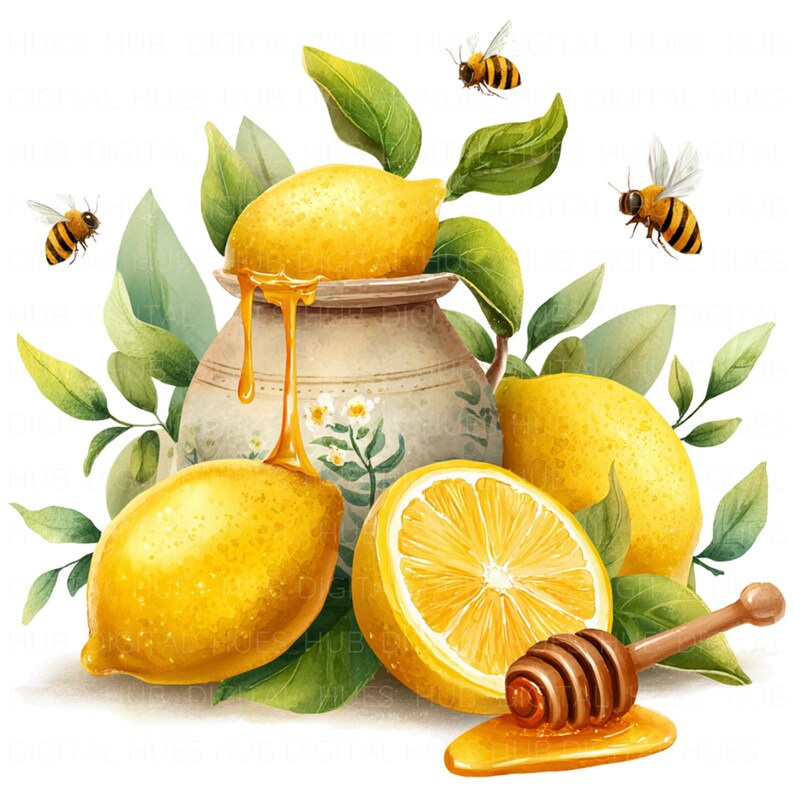 May include: Watercolor illustration featuring lemons, honey, and bees. A ceramic pot overflows with honey, with a wooden honey dipper resting in a pool of honey. Green leaves and yellow lemons surround the pot, with bees flying around the scene.