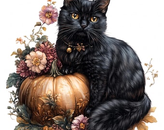 10 Floral Black Cat with Pumpkin Clipart Watercolor Halloween Cat High Quality PNG Printable For Scrapbook Junk Journals Paper Crafts DIYs