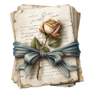Può includere: Un mucchio di vecchie lettere scritte a mano legate insieme da un nastro blu e una singola rosa bianca con stelo verde.