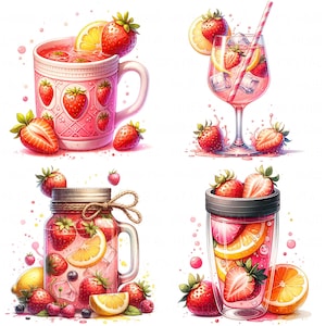 May include: Watercolor illustrations of refreshing strawberry drinks. A pink mug, a stemmed glass, a mason jar, and a tumbler are filled with pink beverages, strawberries, ice, and citrus slices. The images have a bright, summery feel.