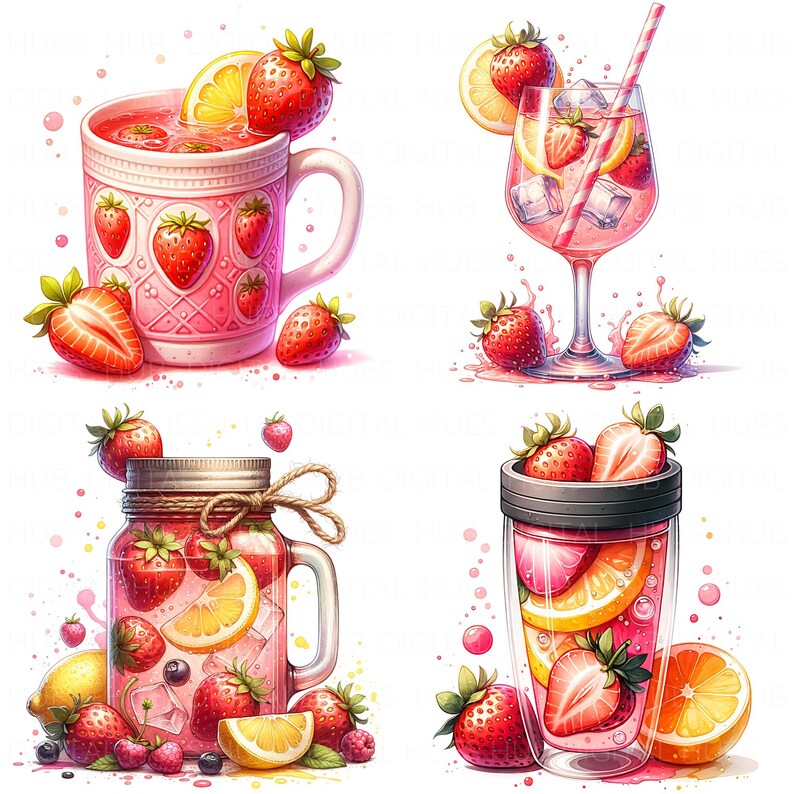 May include: Watercolor illustrations of refreshing strawberry drinks. A pink mug, a stemmed glass, a mason jar, and a tumbler are filled with pink beverages, strawberries, ice, and citrus slices. The images have a bright, summery feel.