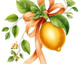 12 Summer Lemon Clipart Watercolor Lemon Ribbon Bow Citrus Fruit Yellow Fruit Printable High Quality JPEG Junk Journal Paper Craft Scrapbook