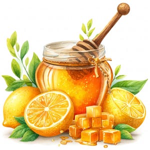 May include: Watercolor illustration of a jar of honey with a wooden honey dipper, surrounded by lemons, lemon slices, green leaves, and caramel cubes. The honey is a golden color, and the lemons are bright yellow.