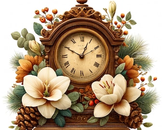 13 Floral Vintage Clock Clipart Watercolor Antique Mantel Clock Wall Art Printable High Quality JPG For Junk Journal Paper Craft Scrapbook