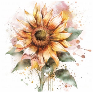 Lot de 15 cliparts tournesols scintillants, clipart aquarelle imprimables haute qualité JPEG pour journaux indésirables, scrapbooking, créations artisanales, invitations POD