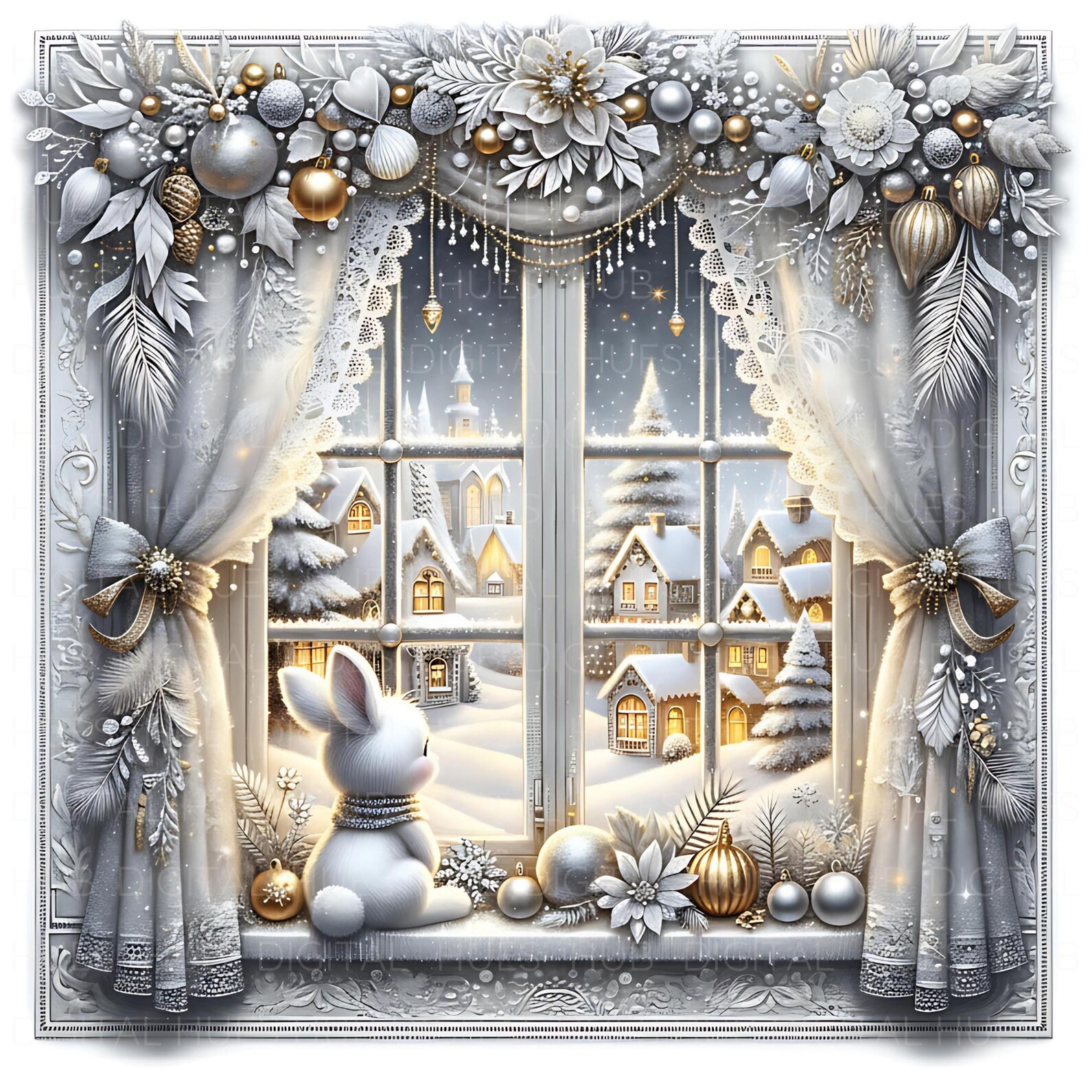 10 Christmas Window Scene Clipart: Watercolor Cozy Winter Village JPEG ...