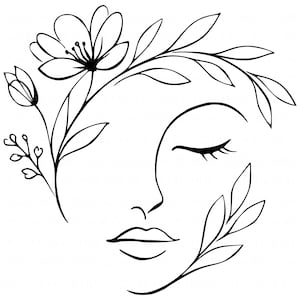 May include: A black and white line drawing of a face with closed eyes, adorned with floral and leaf elements. The design features a delicate flower, a closed bud, and flowing leaves, creating an elegant and artistic composition.