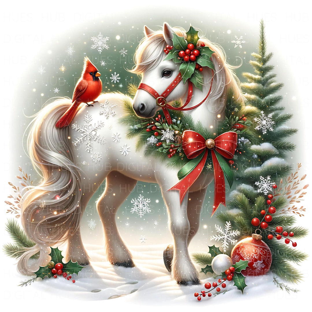 17 Christmas Horse Clipart: Watercolor Snowy Winter Scene JPEG, Festive ...