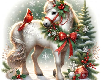 Könnte beinhalten: Illustration eines weißen Ponys mit Weihnachtsmotiv. Das Pony ist mit einem festlichen Kranz und einer roten Schleife geschmückt. Ein roter Kardinal sitzt auf seinem Rücken. Schneeflocken und ein Weihnachtsbaum vervollständigen die Winterszene.