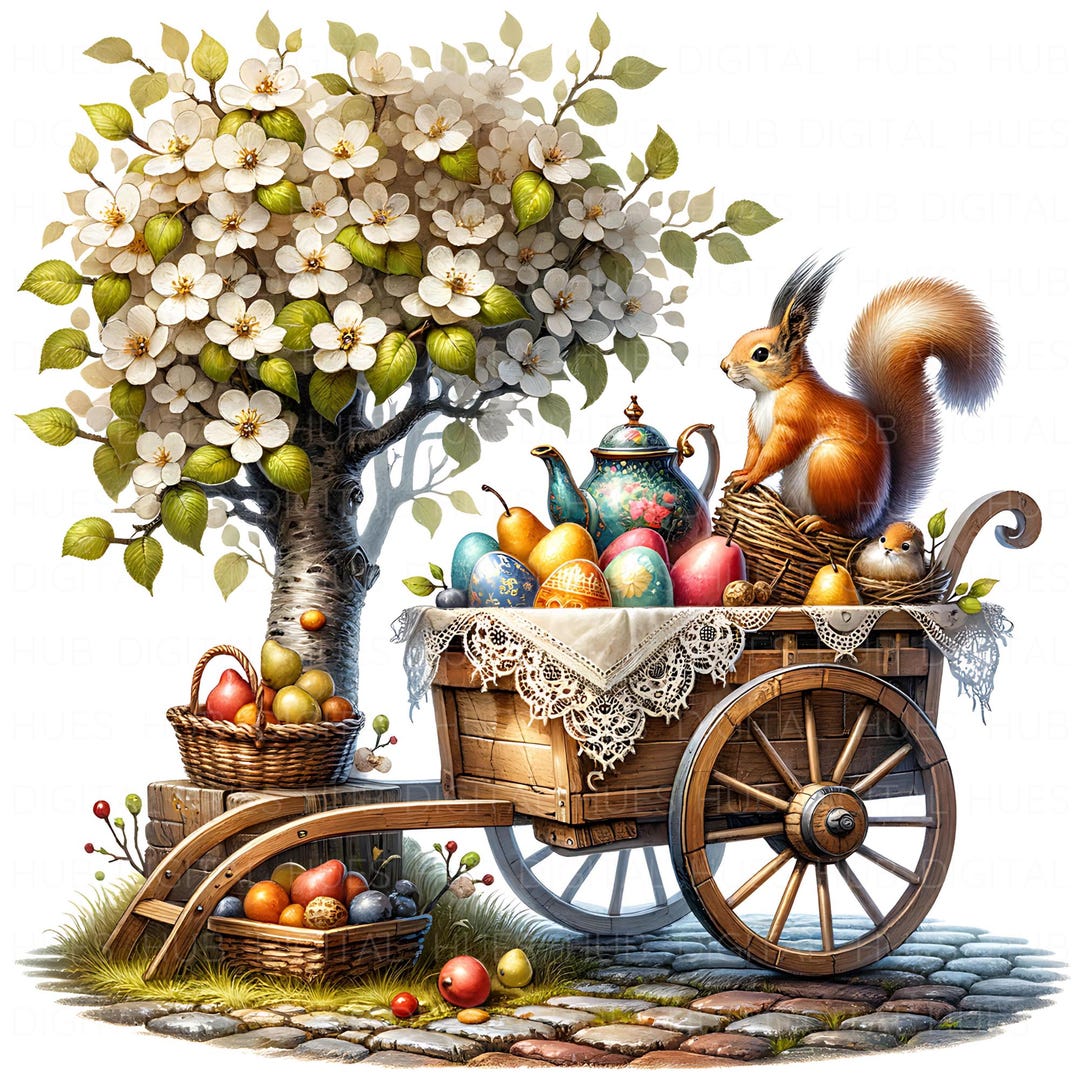 11 Easter Cart in Garden Clipart Watercolor Easter Spring Printable ...