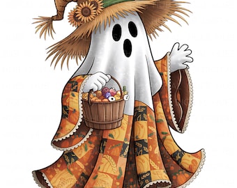 May include: A whimsical illustration of a ghost dressed for fall. The ghost wears a straw hat adorned with sunflowers and a patchwork patterned shawl. It carries a basket filled with colorful autumn treats, perfect for Halloween.