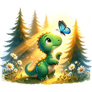 14 Baby Dinosaur With Butterfly Clipart Watercolor Cartoon Dinosaur Printable High Quality JPEG Junk Journal Paper Craft Scrapbook Nursery