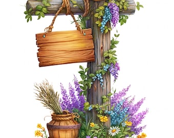15 Floral Wooden Sign Clipart Watercolor Road Sign Vintage Garden Sign Frames Printable High Quality PNG Junk Journal Scrapbook Paper Craft
