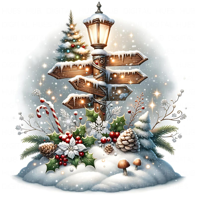Snow Sign Post 12 Snowy Christmas Signpost Clipart: Watercolor Holiday Signage JPG ...