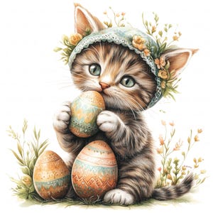 11 Clipart chaton de Pâques mignon chat aquarelle oeufs de Pâques chambre d'enfant Art imprimable JPEG haute qualité pour carte de scrapbooking papier artisanat papier