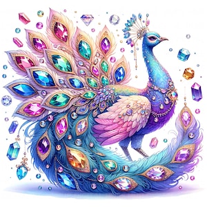 11 bijoux paon clipart aquarelle cristaux pierres précieuses oiseau magique imprimable haute qualité JPG pour journal indésirable papier artisanat scrapbooking POD