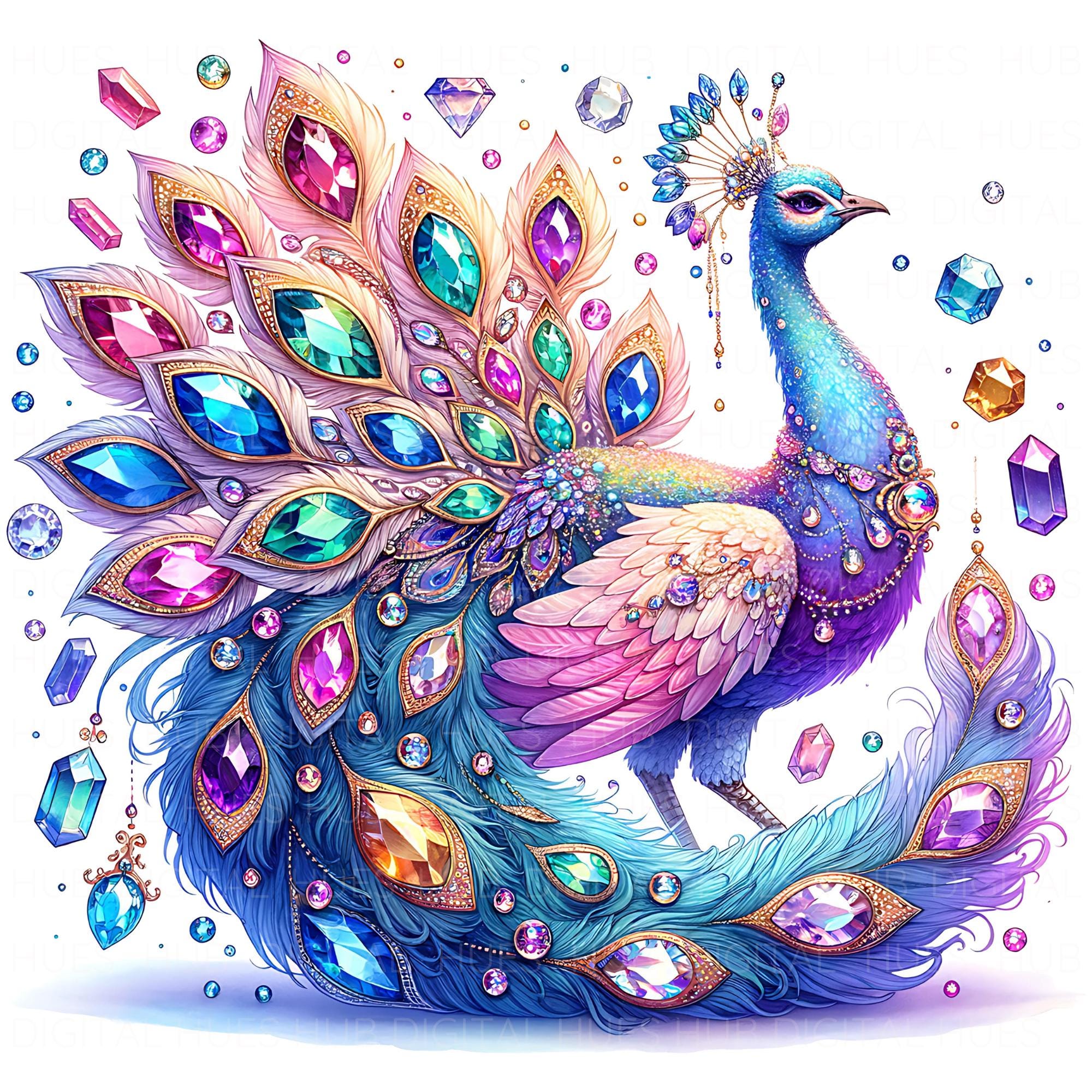 宝石をちりばめた孔雀のクリップアート11点。水彩画、クリスタル、宝石
