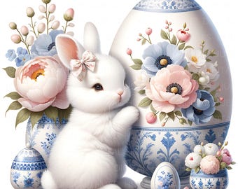 11 blå påskhare Clipart: Akvarell Cottagecore Grandmillennial, Chinoiserie påsk JPEG digital nedladdning för skräpjournal, dekor, kort
