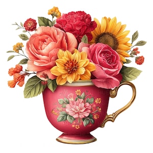 14 Clipart di tazze da tè con motivi floreali in stile chinoiserie, in porcellana con acquerello, stampabili, in alta qualità, JPEG, carta per scrapbooking, diario di rifiuti.