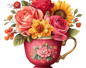 Puede incluir: Un ramo de flores rosas, rojas, amarillas y naranjas dispuestas en una taza de té rosa con ribete dorado. Las flores incluyen rosas, girasoles y claveles.